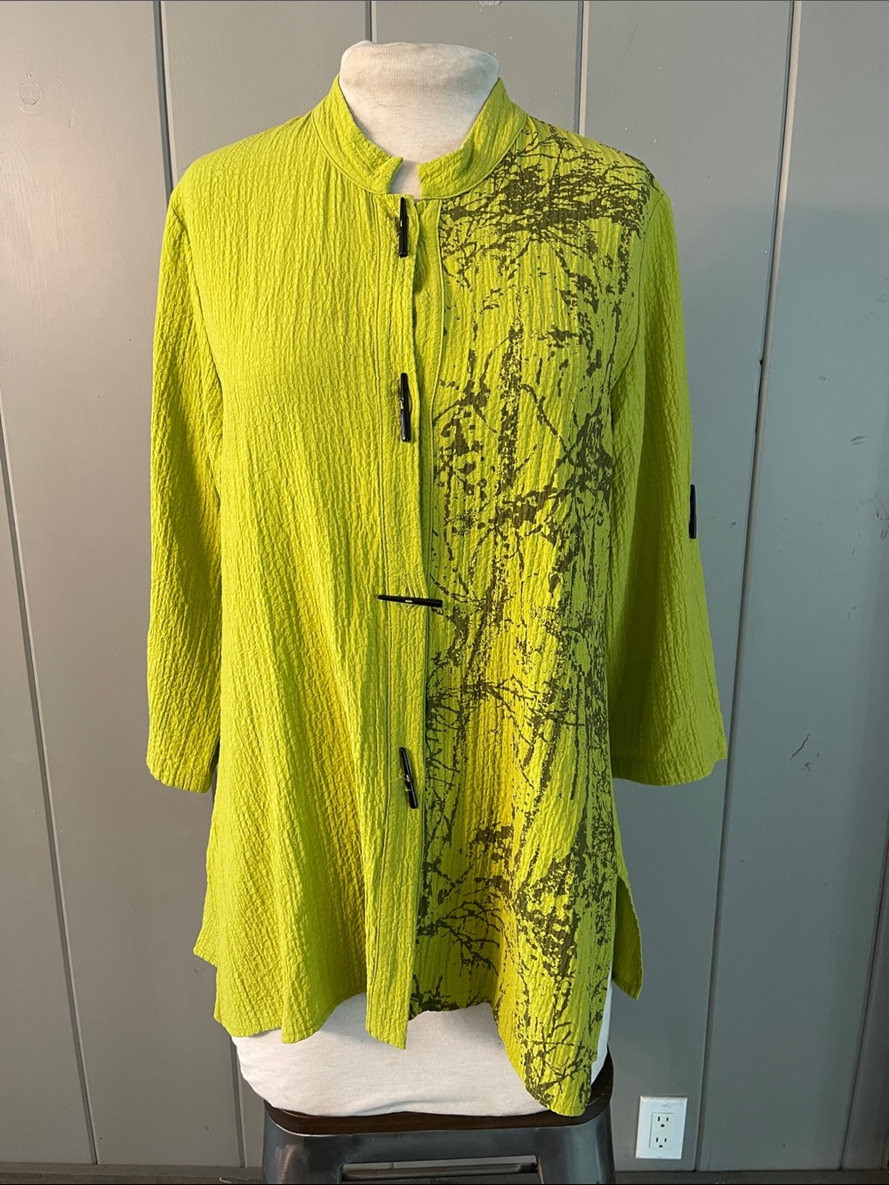 Moonlight Y&S Tunic Blouse Crinkle Green Black Asian Inspired Artsy Boho Resort